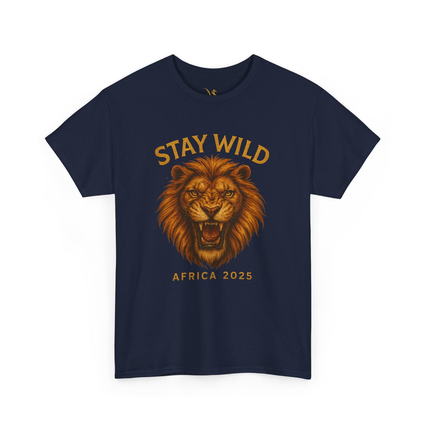 Mashafrica-style navy T-shirt featuring a fierce lion graphic with Stay Wild Africa 2025 text