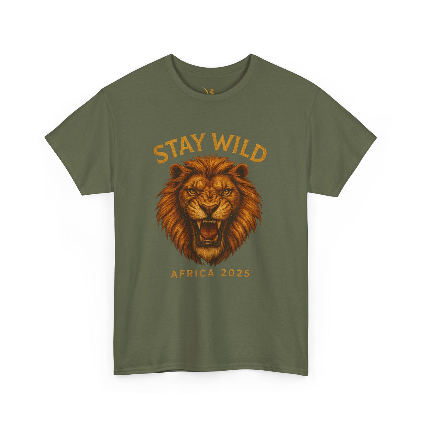 Mashafrica-style olive green T-shirt with a roaring lion graphic and Stay Wild Africa 2025 text