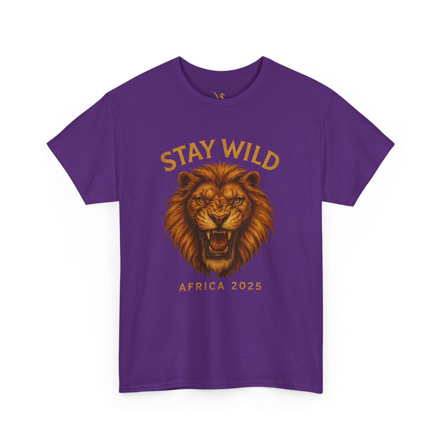 Purple t-shirt featuring a fierce lion face with stay wild Africa 2025 text design