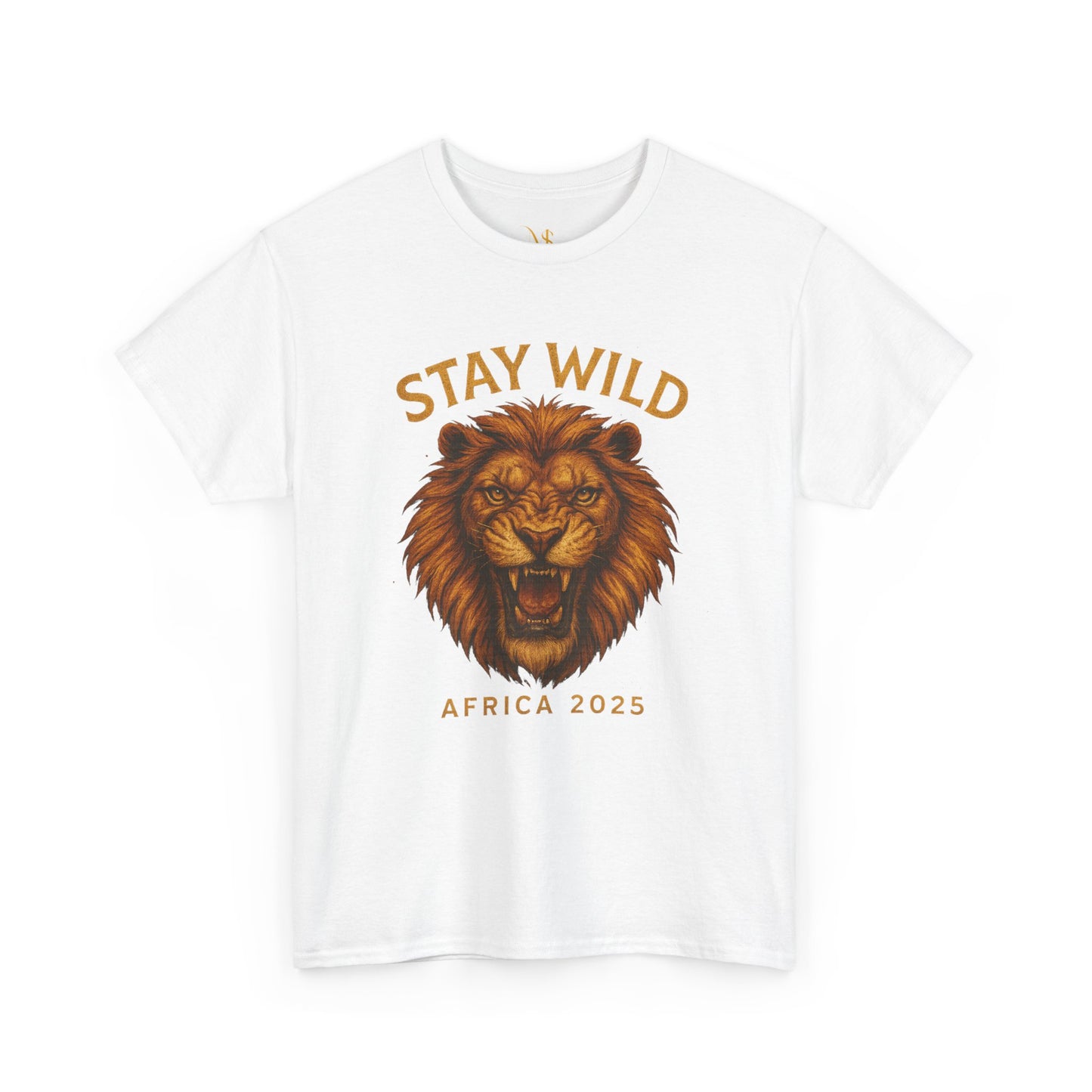 White Mashafrica-style T-shirt featuring a fierce lion face graphic with Stay Wild text