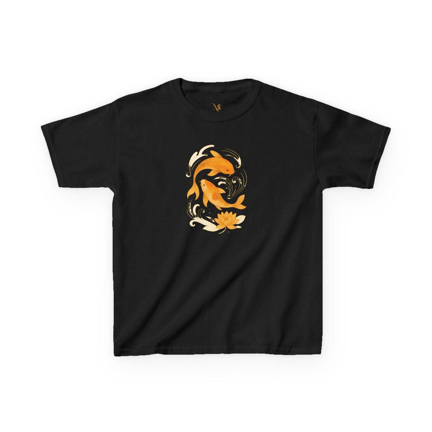 Mashafrica-style black kids t-shirt with orange koi fish and lotus flower graphic design
