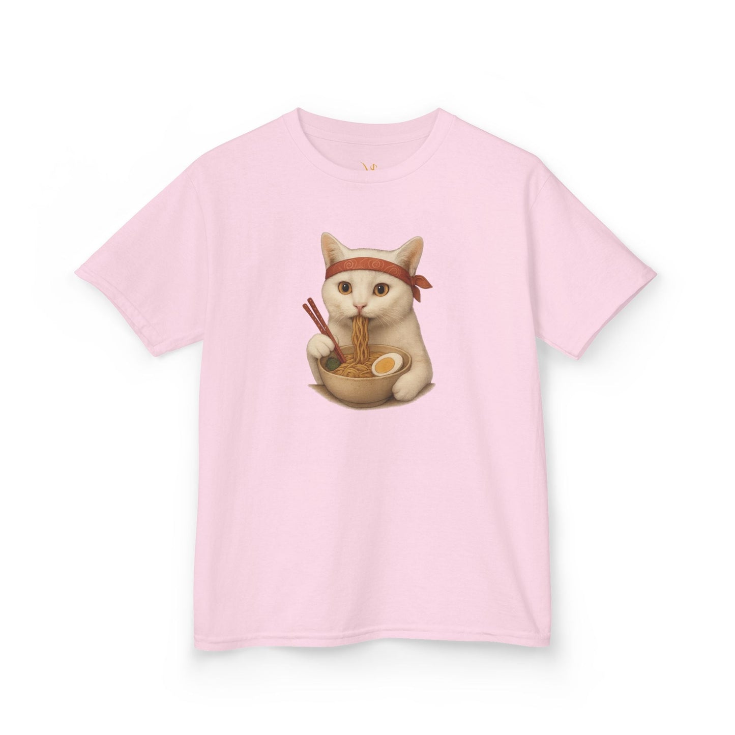 Mashafrica kids pink T shirt with ninja cat eating ramen bowl illustration short sleeve cotton tee
