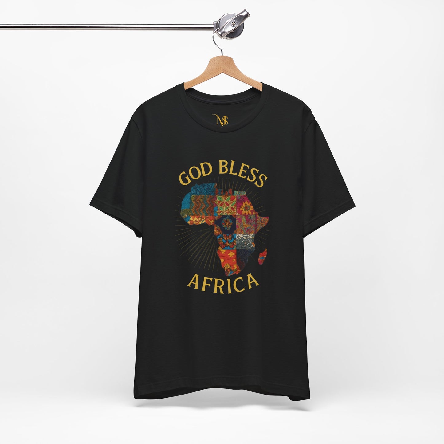 Mashafrica black T shirt with colorful patchwork map and God Bless AFRICA print for cultural pride