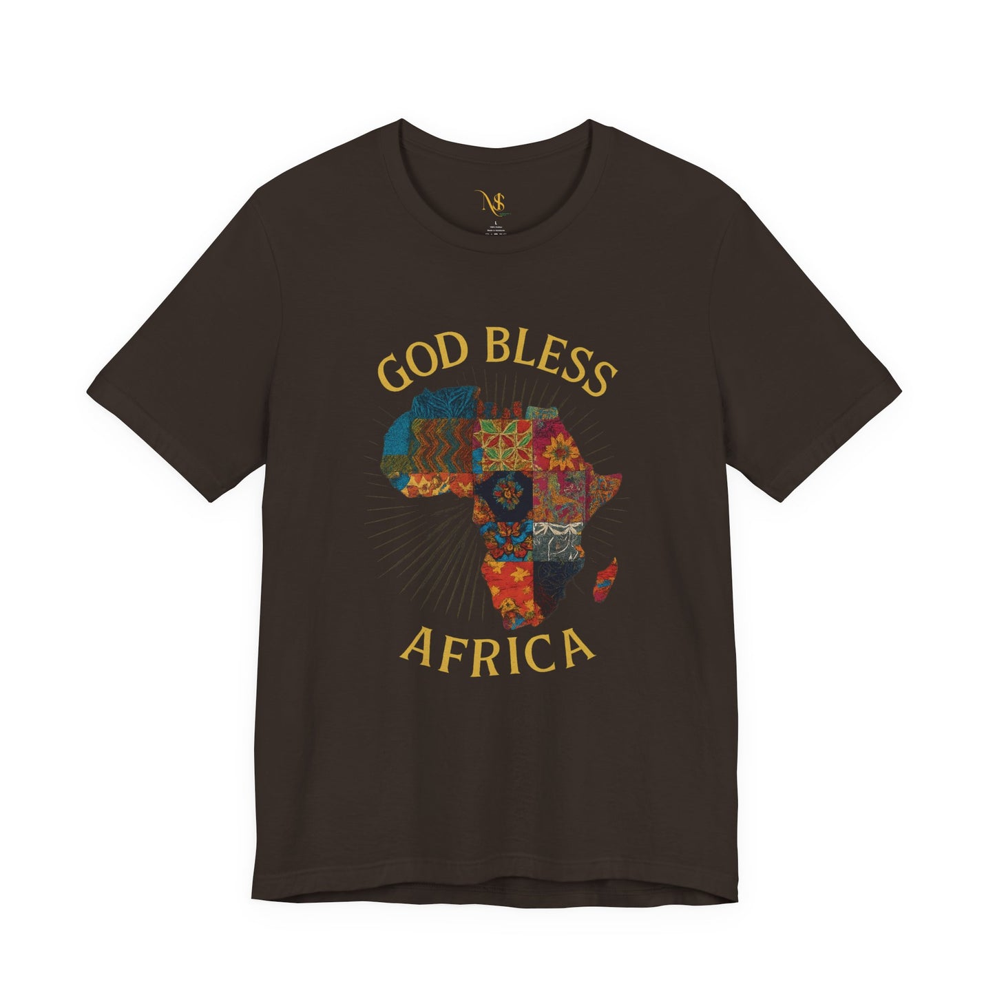 Mashafrica brown T shirt with colorful patchwork Africa map and gold God Bless AFRICA text graphic on front