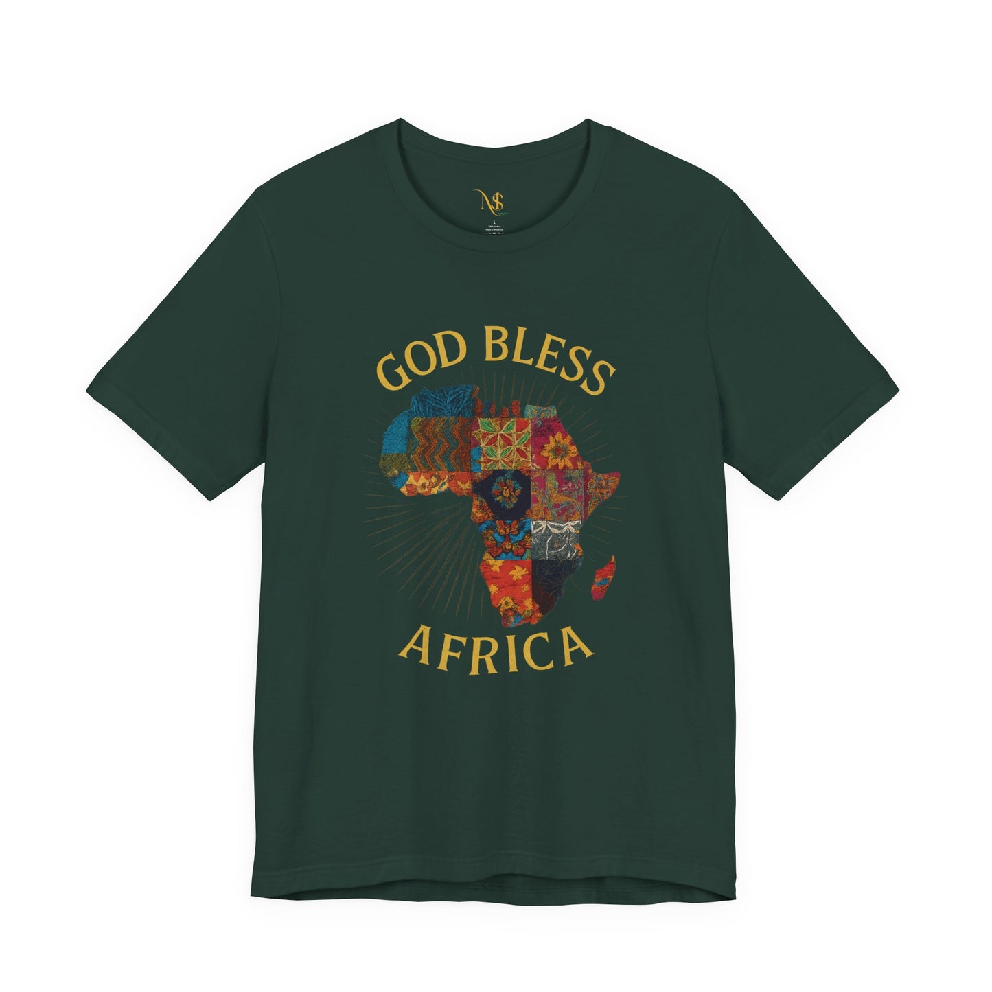 Mashafrica dark green T shirt with colorful patchwork map and gold God Bless AFRICA text for casual wear