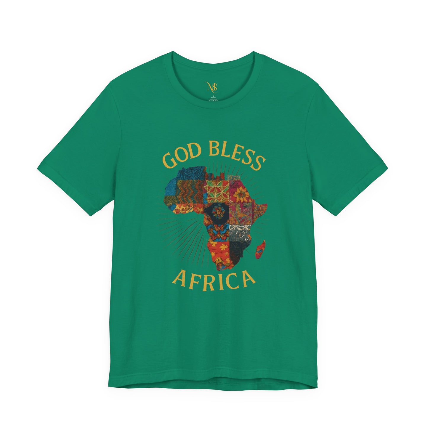 Mashafrica green cotton T shirt featuring colorful patchwork map of Africa and God Bless AFRICA text