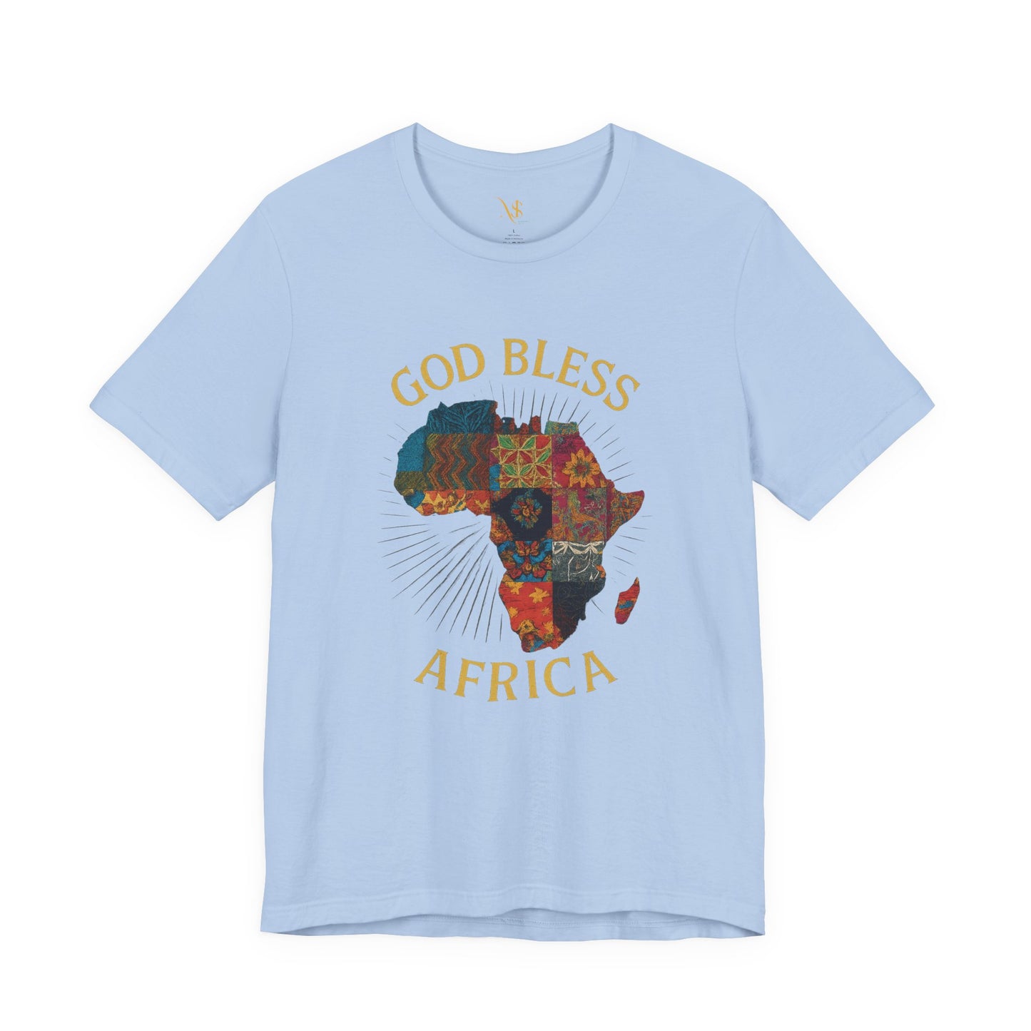 Mashafrica light blue T Shirt with God Bless AFRICA gold lettering and colorful patchwork Africa map design