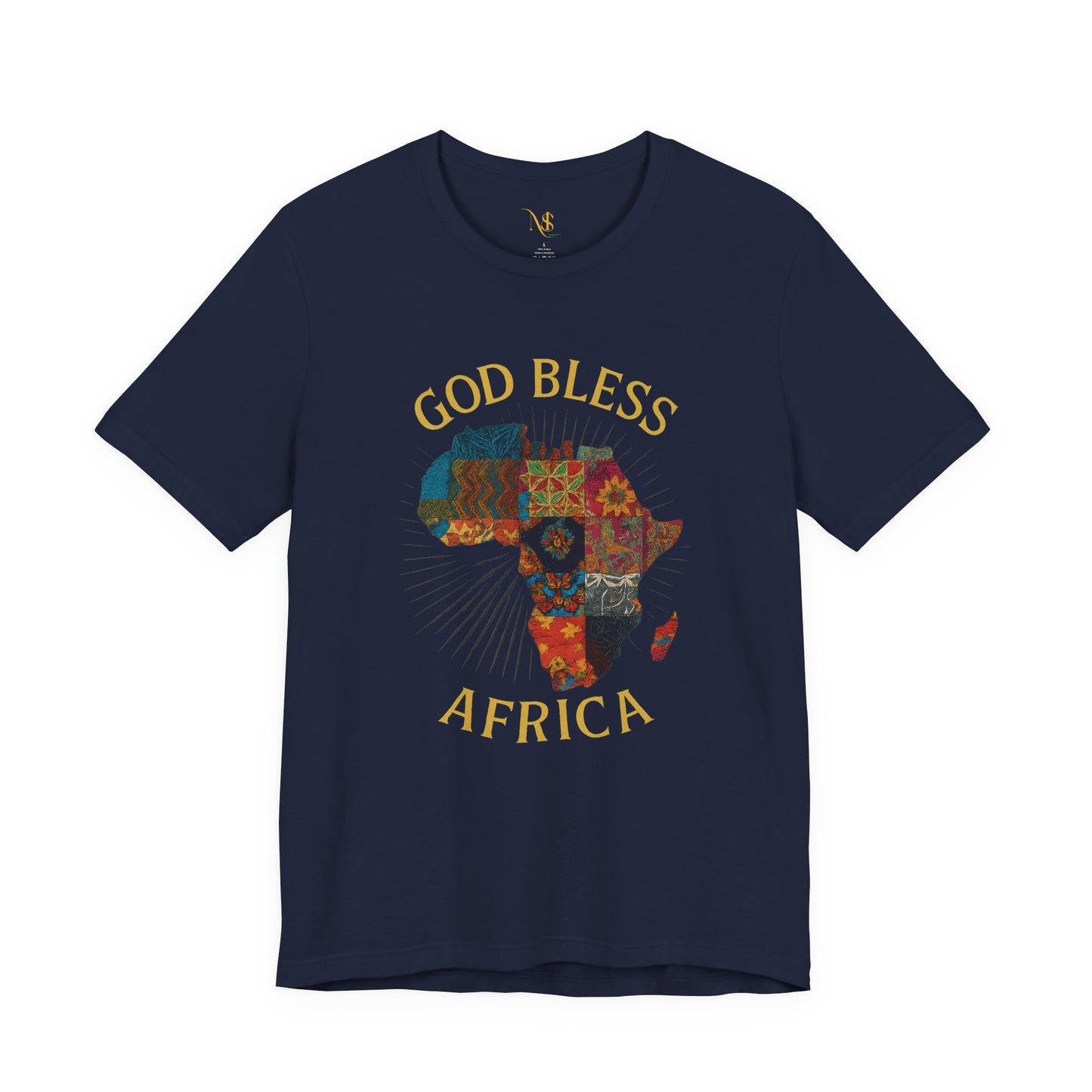 Mashafrica navy T shirt with patchwork map design and gold text reading God Bless AFRICA