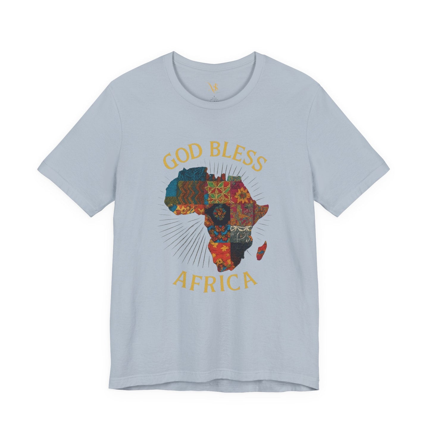 Light blue Mashafrica T Shirt with colorful patchwork map and God Bless AFRICA slogan on front