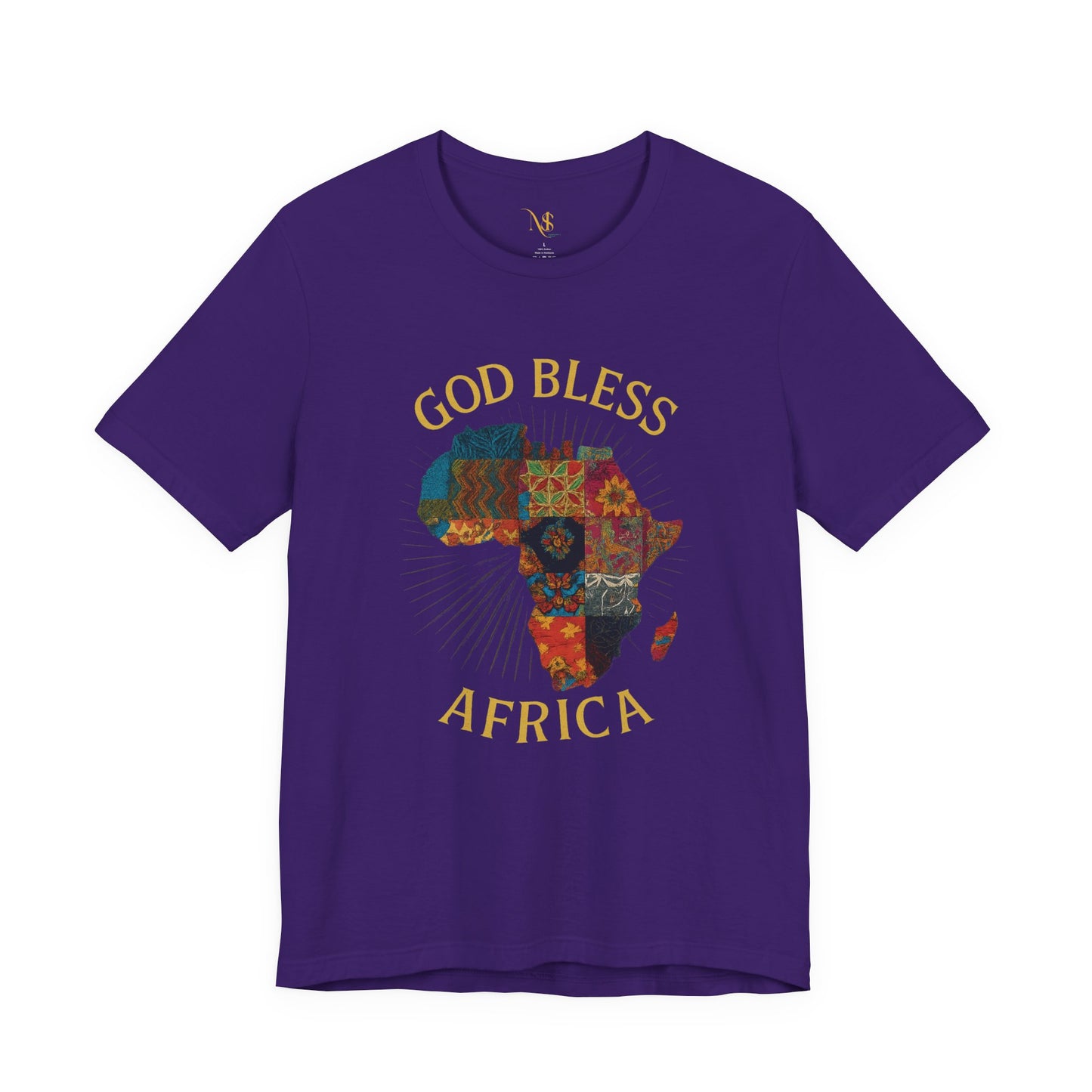 Mashafrica purple T shirt with crew neck featuring colorful patchwork AFRICA map graphic and GOD BLESS text