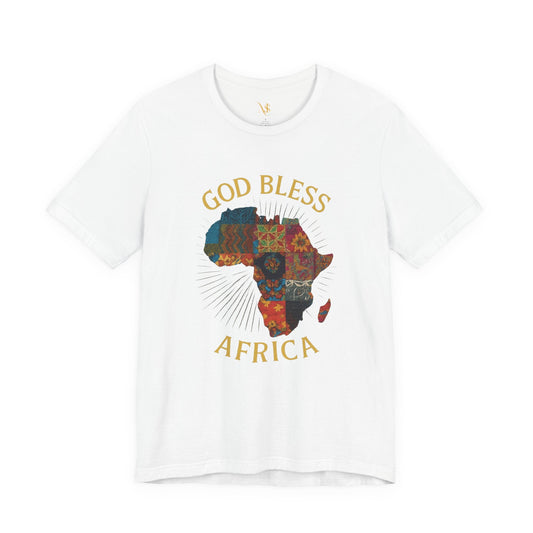 Mashafrica white T shirt with patterned AFRICA map and gold God Bless AFRICA text casual cotton tee
