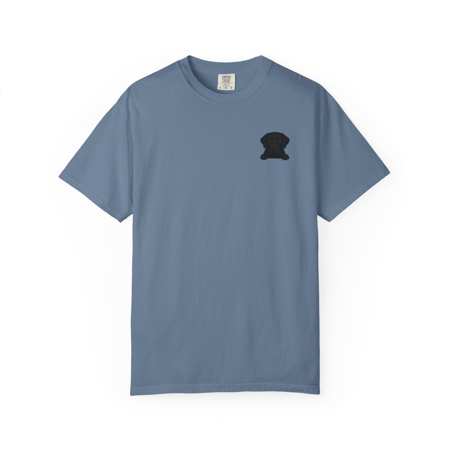 Mashafrica sky blue cotton t shirt with small black dog chest graphic featuring peek pup design