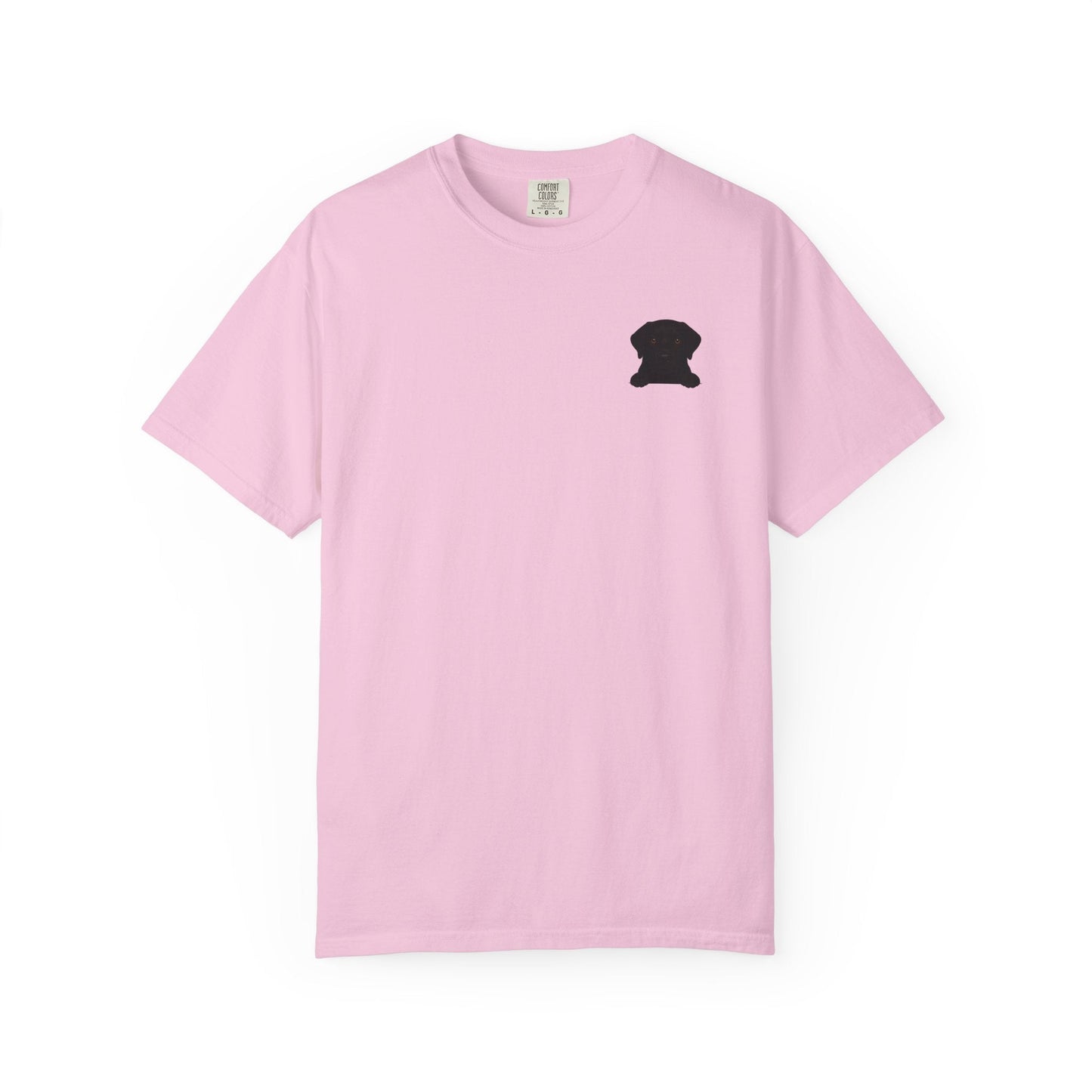 Mashafrica pink T shirt with small black peek pup puppy silhouette on left chest