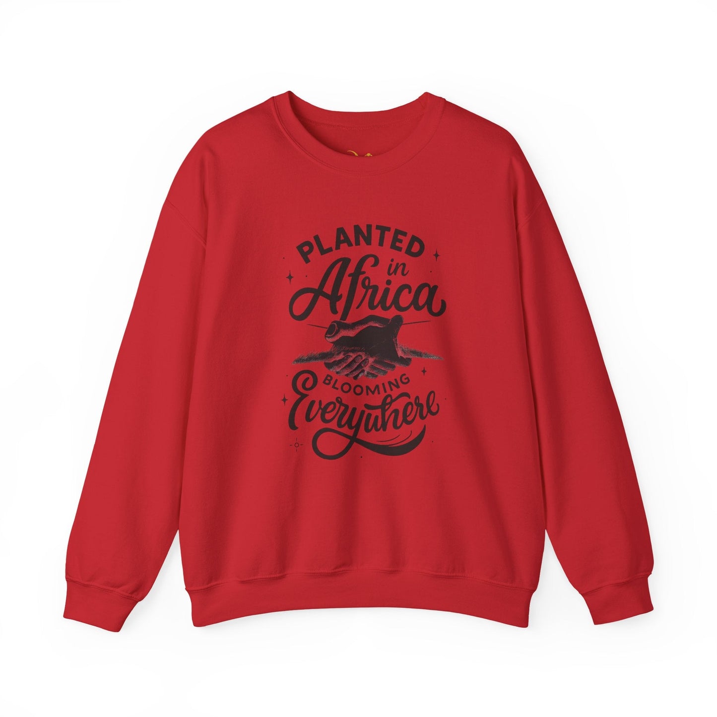 Mashafrica red crewneck sweatshirt with black planted in africa vintage script graphic cozy pullover