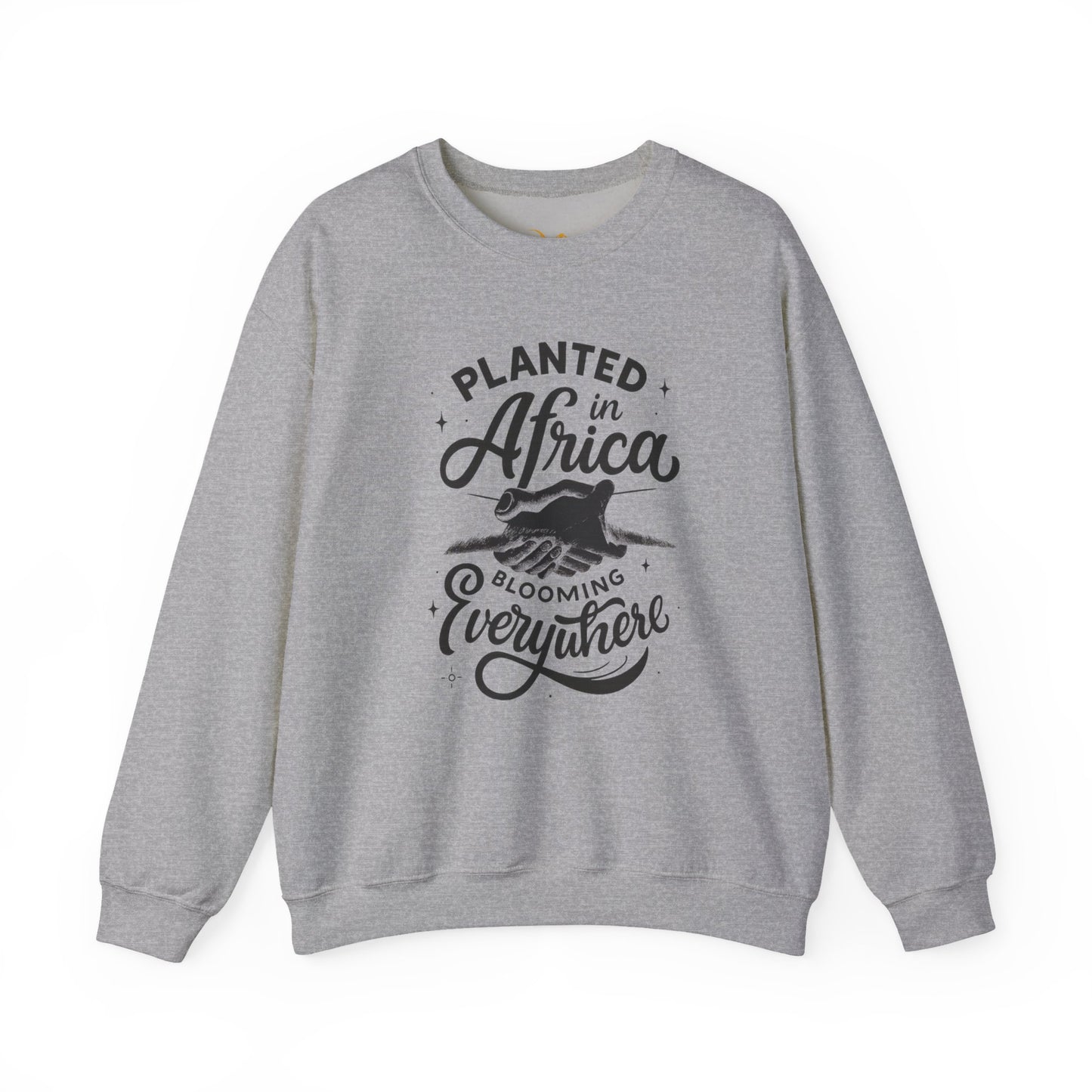 Mashafrica gray crewneck sweatshirt with Planted in africa Blooming Everywhere black graphic print