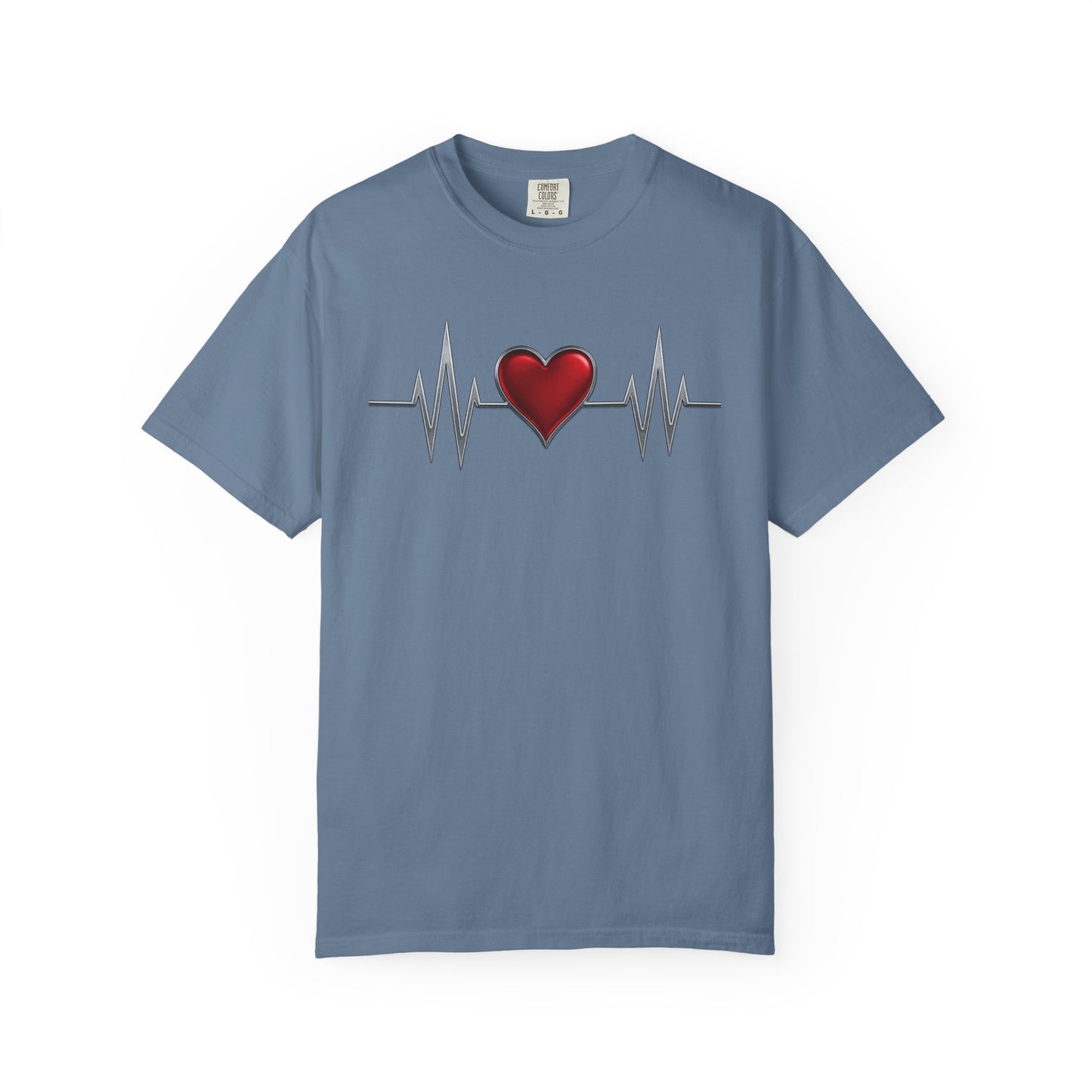 Mashafrica blue crew neck t shirt with red heart and EKG pulse graphic centered on chest