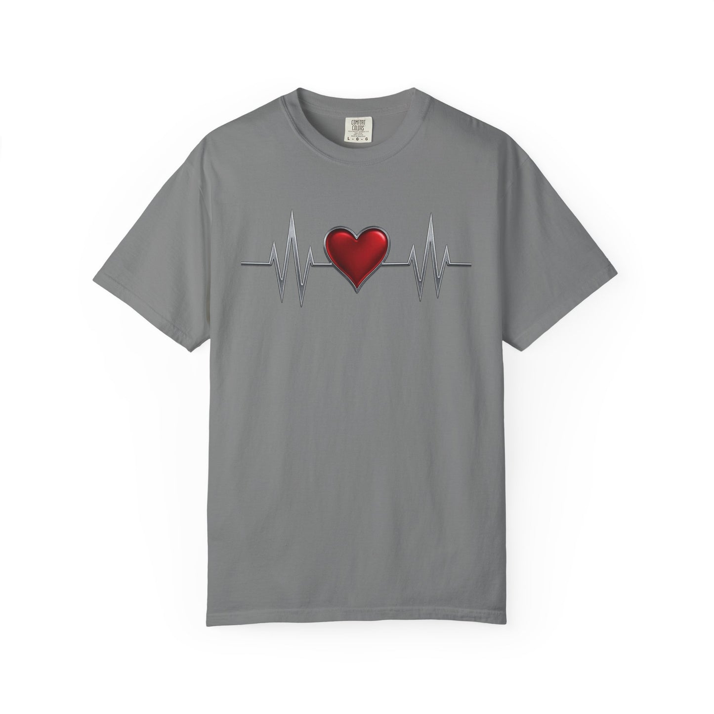 Mashafrica gray T shirt with red heart and EKG heartbeat line graphic centered on chest