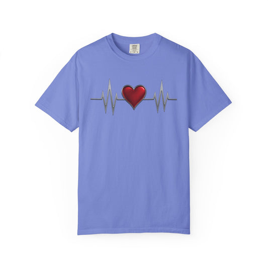 Mashafrica lavender T shirt with red heart and electrocardiogram heartbeat line graphic centered on front