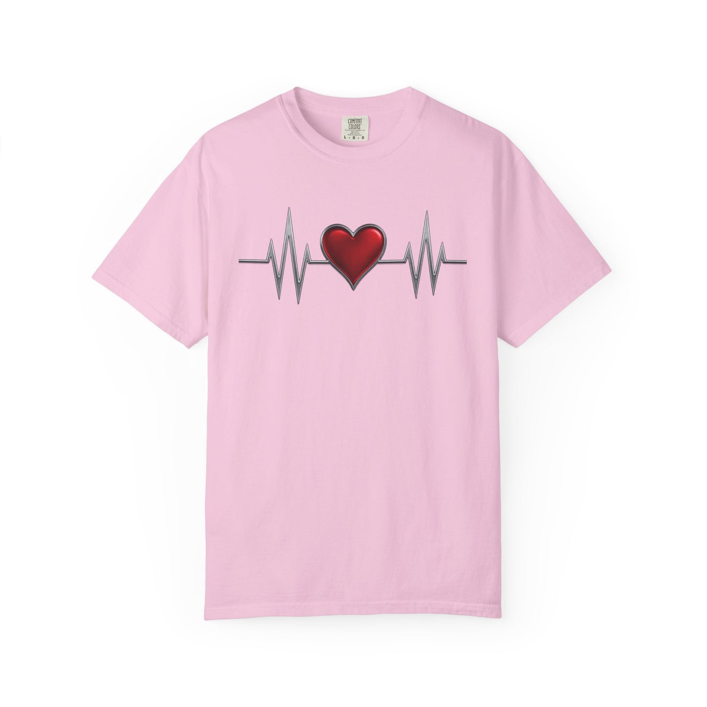 Mashafrica-style pink T-shirt with red heart and heartbeat line graphic design