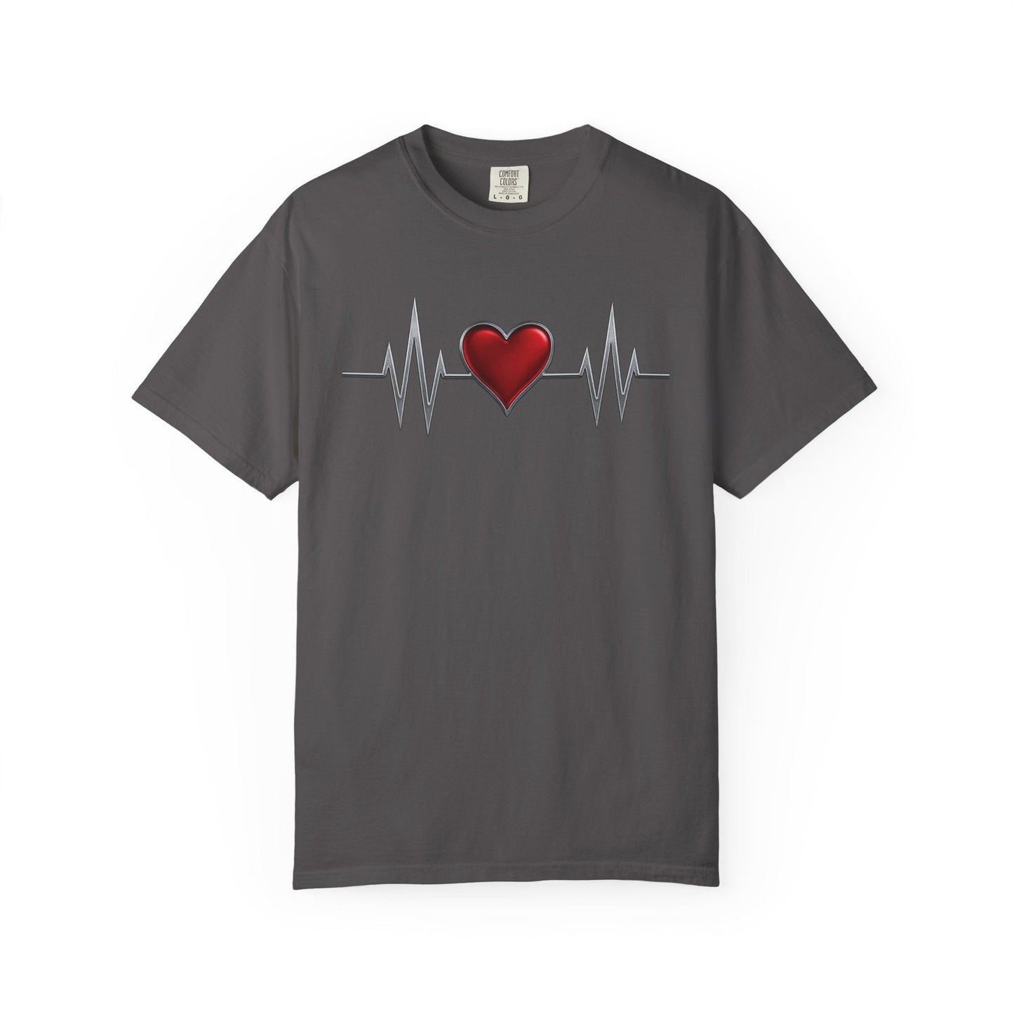 Mashafrica gray T shirt with red heart and silver EKG heartbeat line graphic across the chest