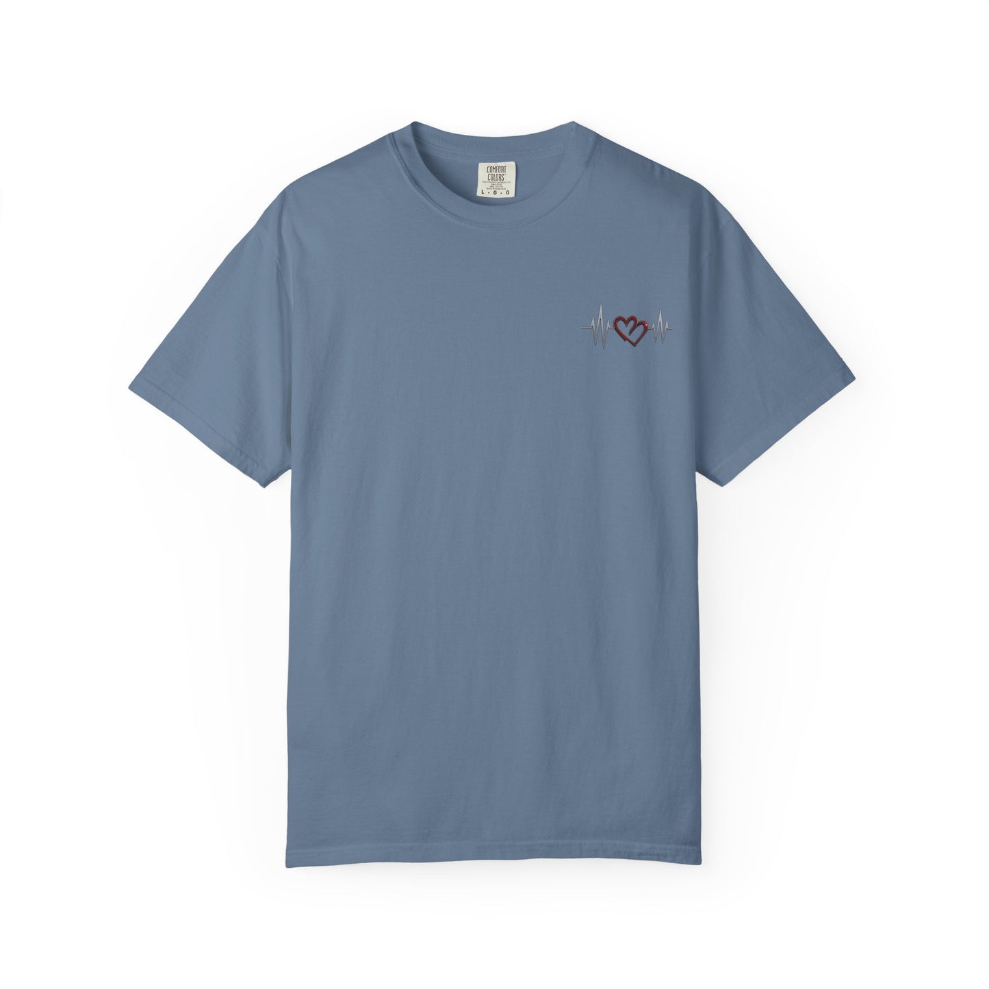 Mashafrica slate blue crewneck T shirt with small chest heartbeat line and heart graphic