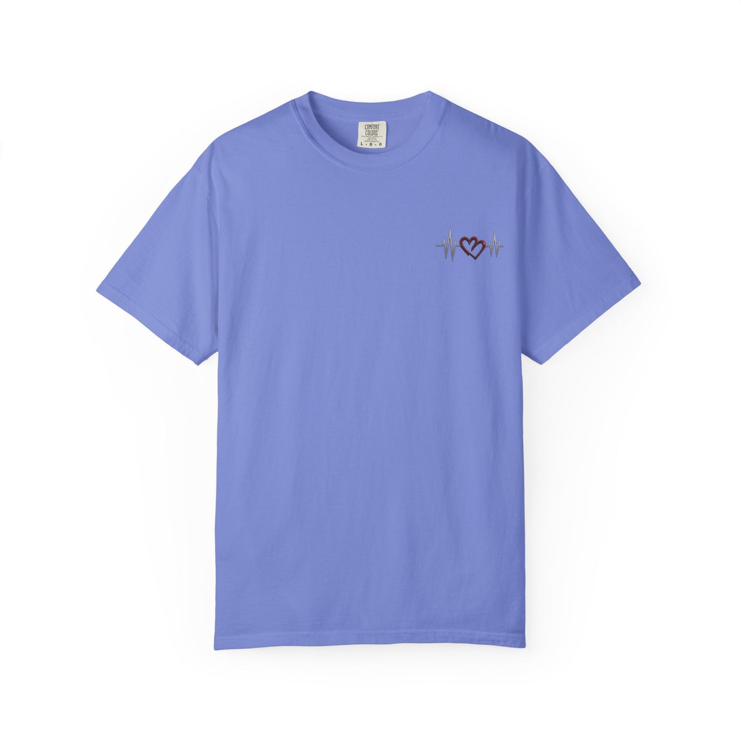 Mashafrica periwinkle T shirt with small chest heart and heartbeat line graphic casual unisex tee