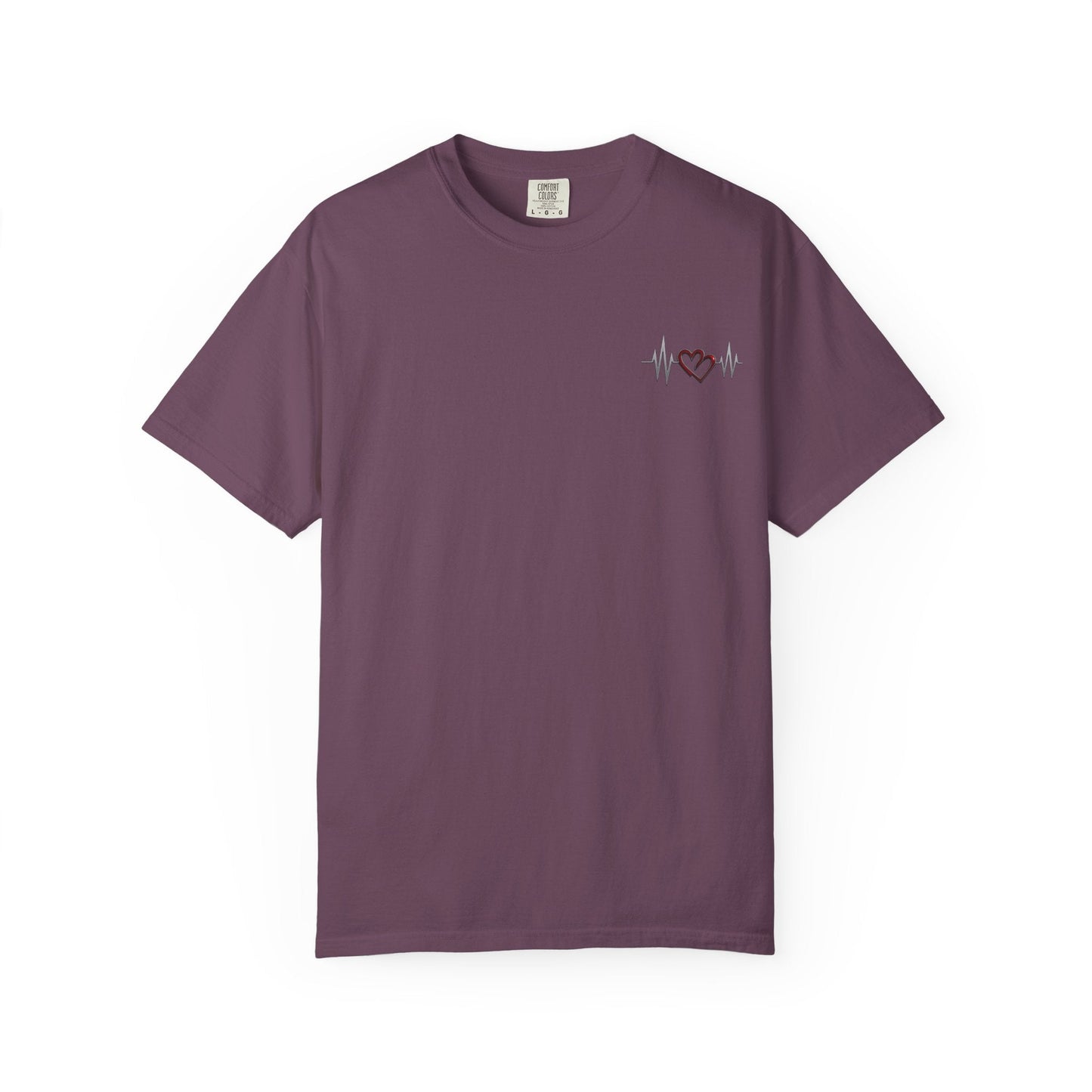 Mashafrica mauve crew neck T shirt with small chest heartbeat line and heart graphic front view