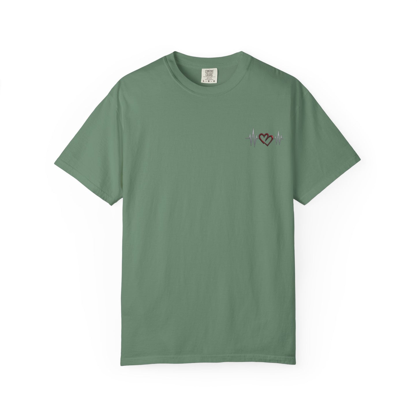 Mashafrica olive green unisex cotton T shirt with small chest heart and heartbeat line graphic