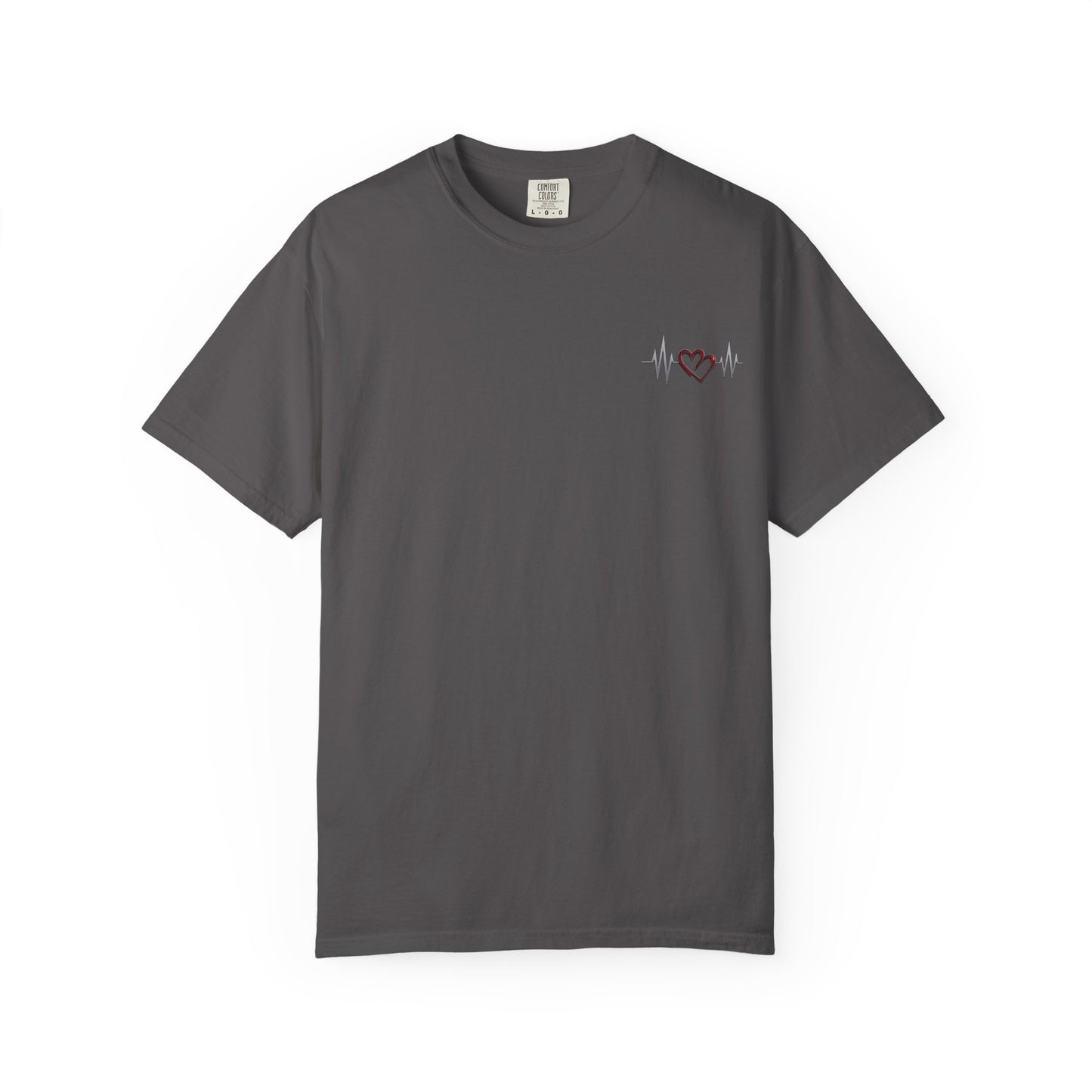Mashafrica charcoal gray T Shirt with small chest heartbeat line and red heart graphic casual cotton tee