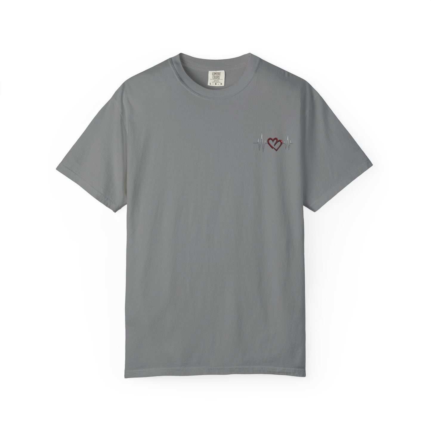Mashafrica gray cotton T shirt with small left chest heartbeat line and red heart graphic casual tee
