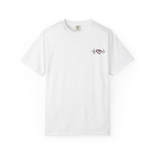 Mashafrica white crew neck T shirt with small chest heartbeat heart line graphic minimalist casual cotton tee