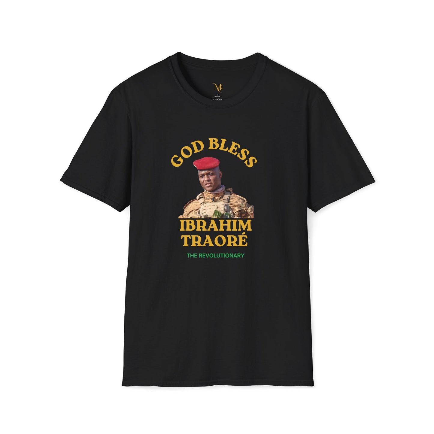 Mashafrica black T Shirt featuring military portrait and God Bless design honoring Ibrahim Traore