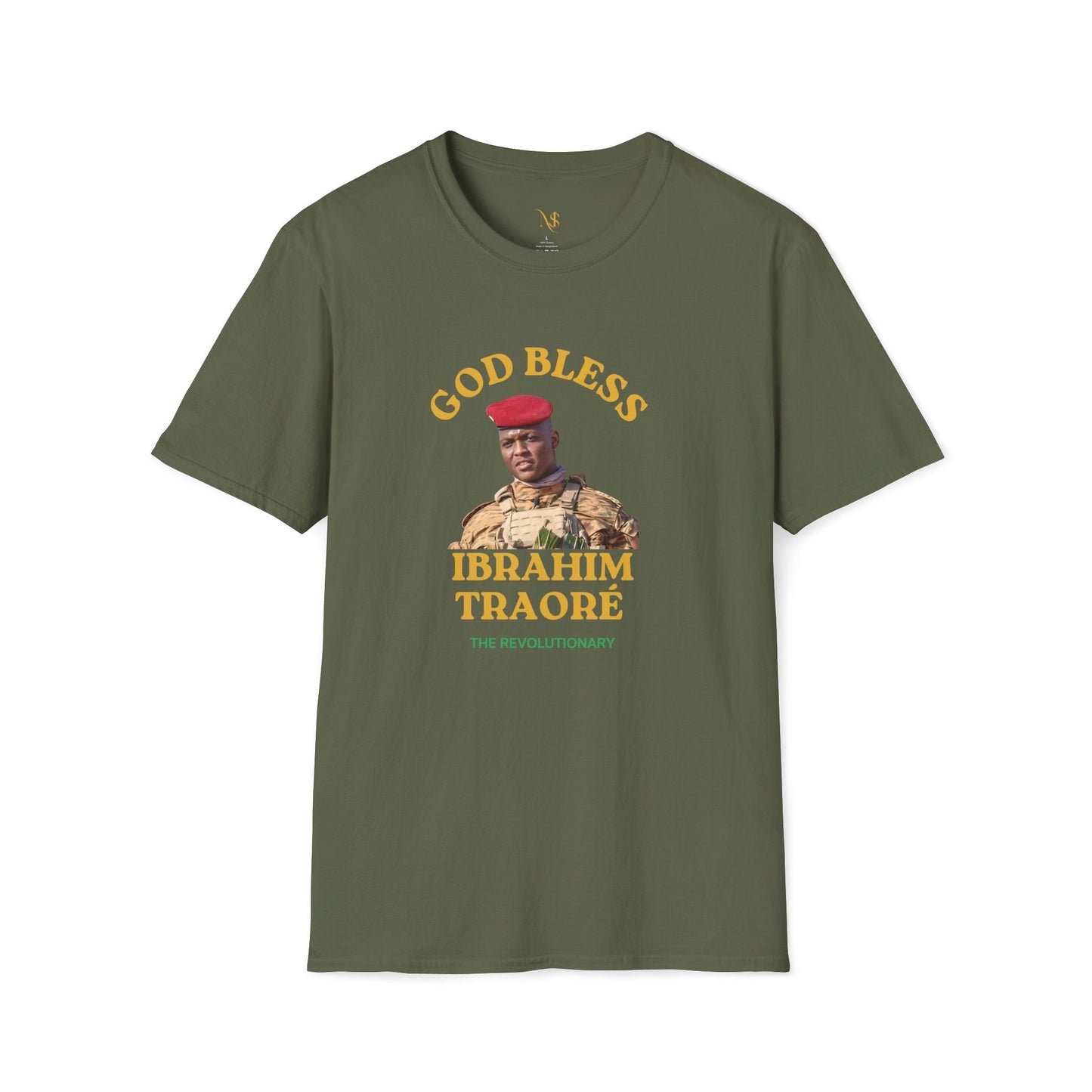 Mashafrica olive green graphic T shirt with God Bless and Ibrahim Traore portrait of soldier in red beret
