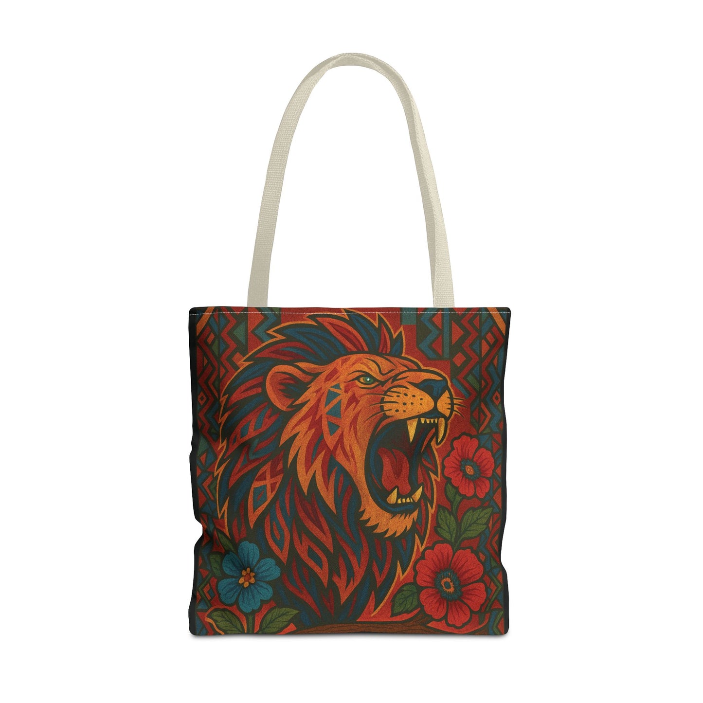 Mashafrica colorful lion print tote bag with roaring lion and red blue floral pattern on dark background