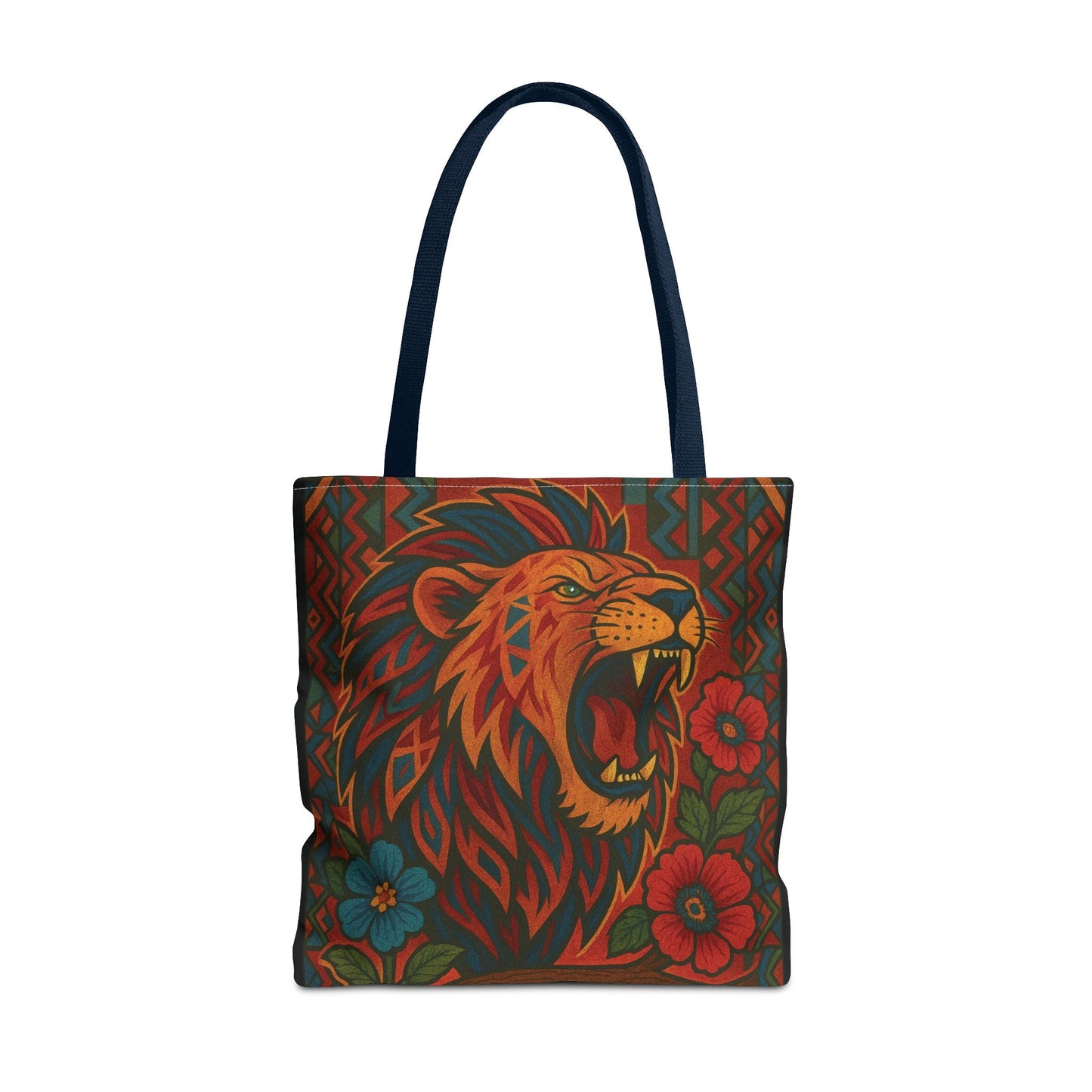 Mashafrica tote bag with bold roaring lion print and vibrant floral pattern on dark background