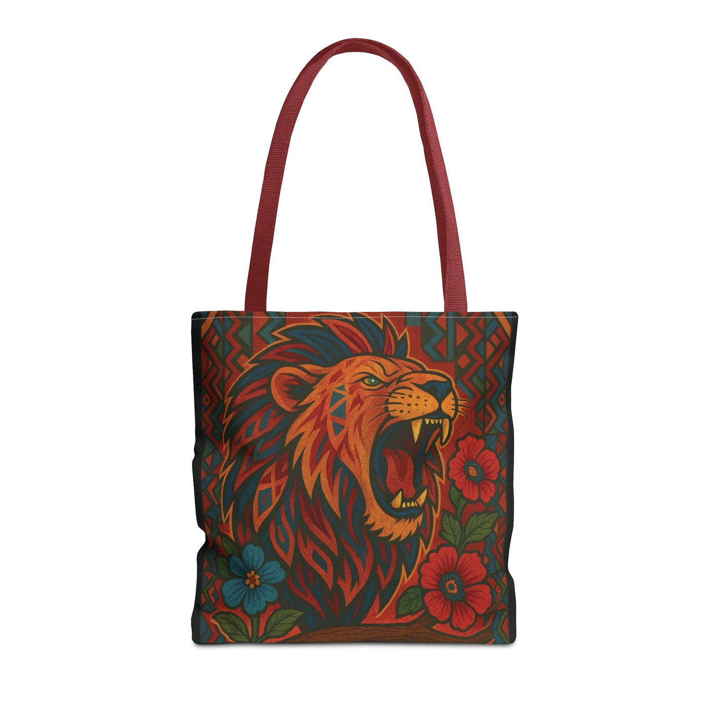 Mashafrica tote bag with red handles featuring colorful roaring lion and floral geometric pattern on dark background