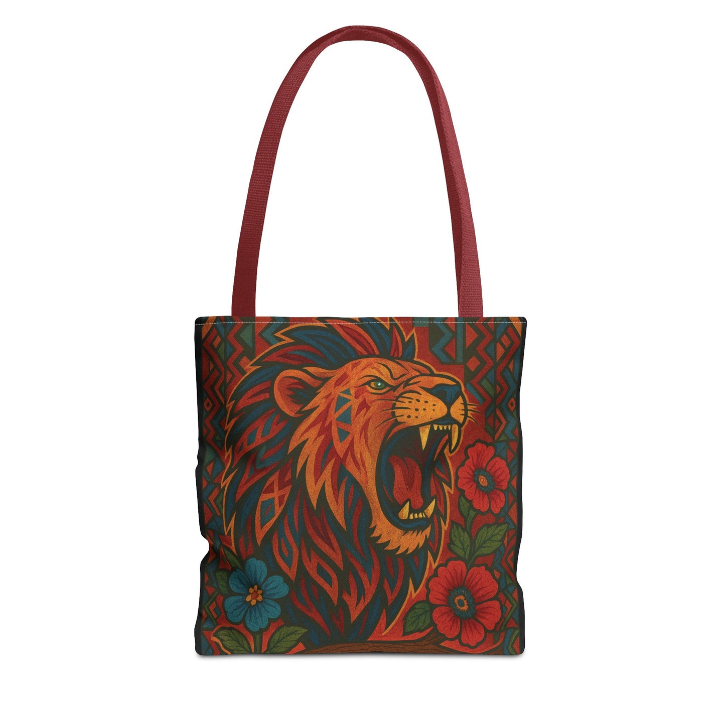 Mashafrica tote bag with roaring lion print and red straps vibrant floral pattern for everyday use