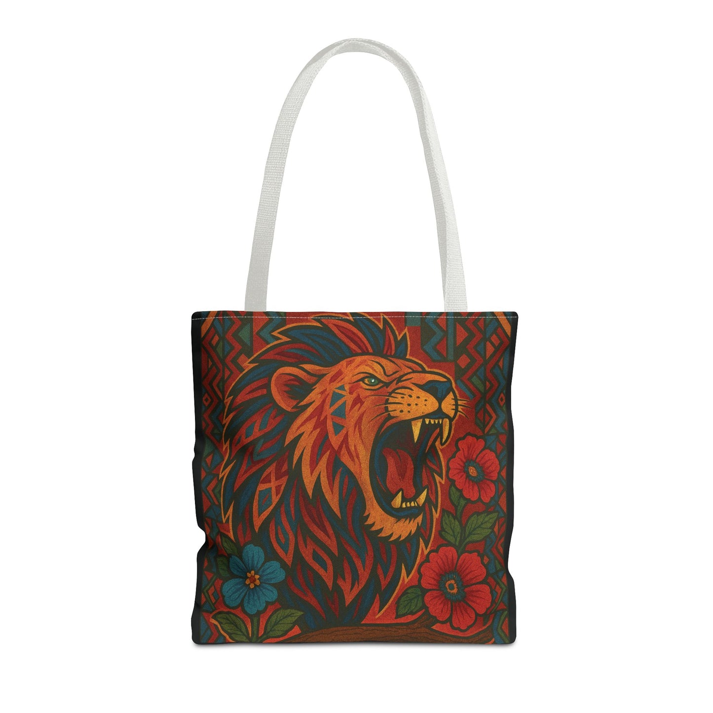 Mashafrica multicolor tote bag with roaring lion and floral tribal pattern and white shoulder straps