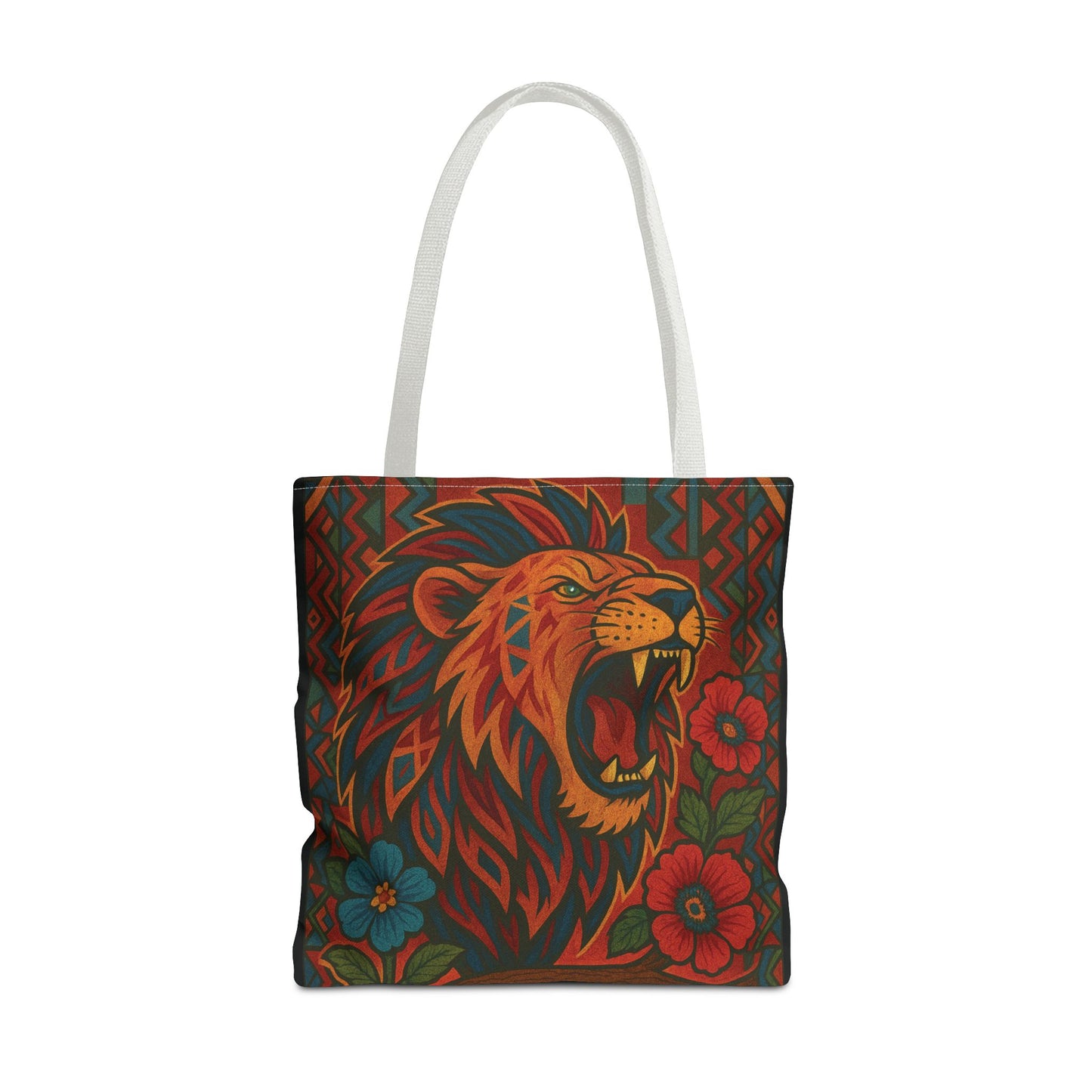 Mashafrica tote bag with bold roaring lion illustration floral accents and white handles for everyday use