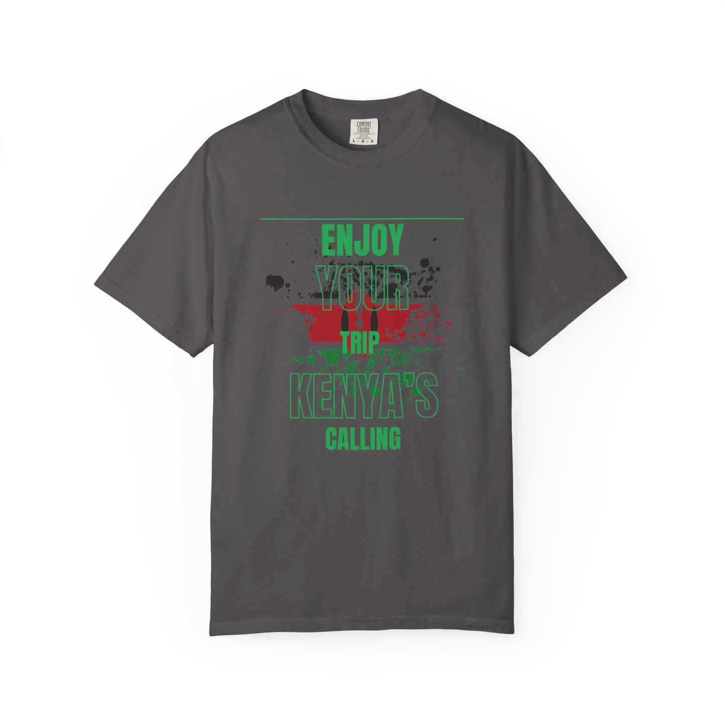 Mashafrica gray T shirt with green text and red kenya map graphic reading Enjoy Your Trip Kenyas Calling