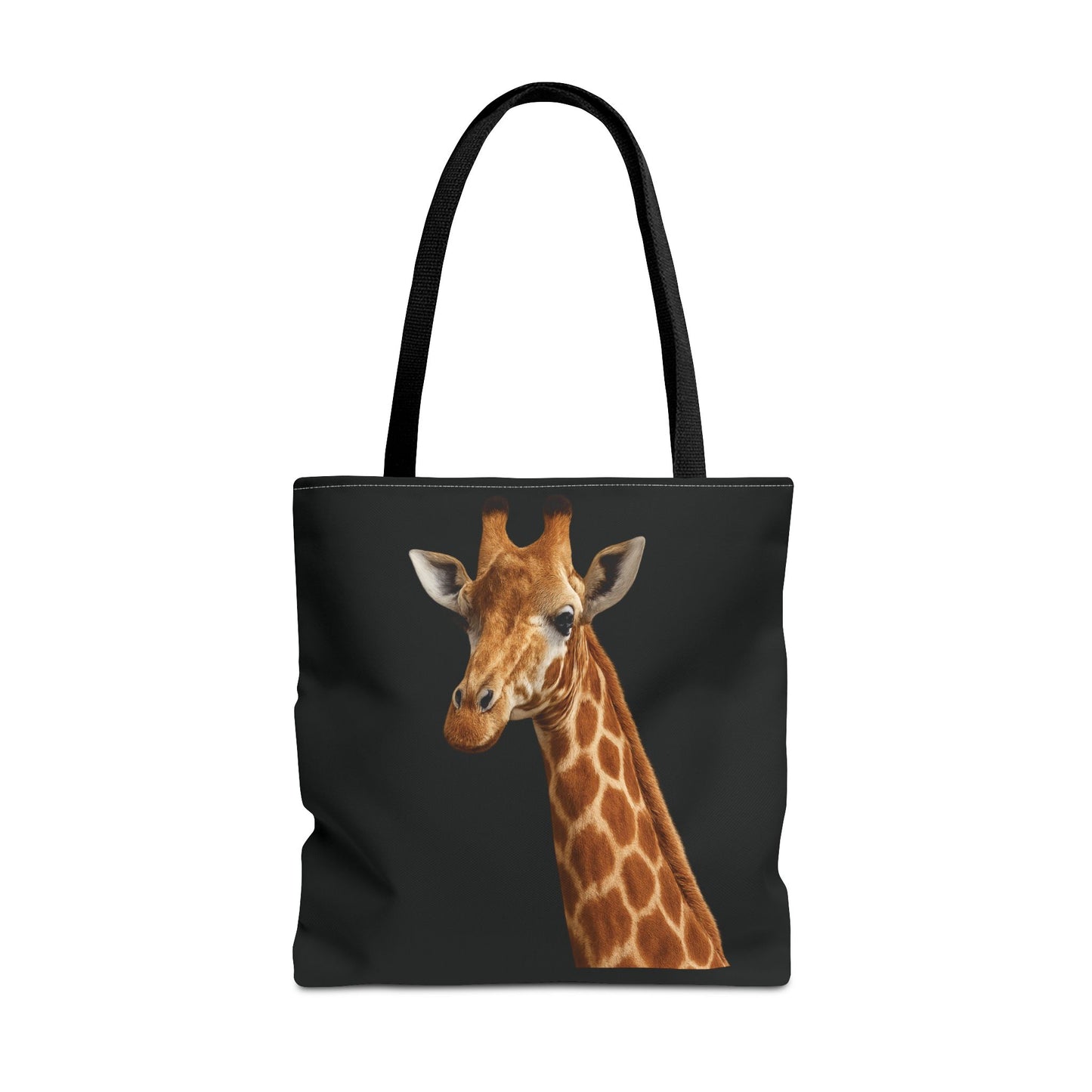 Mashafrica black canvas tote bag featuring realistic giraffe portrait print ideal for everyday use
