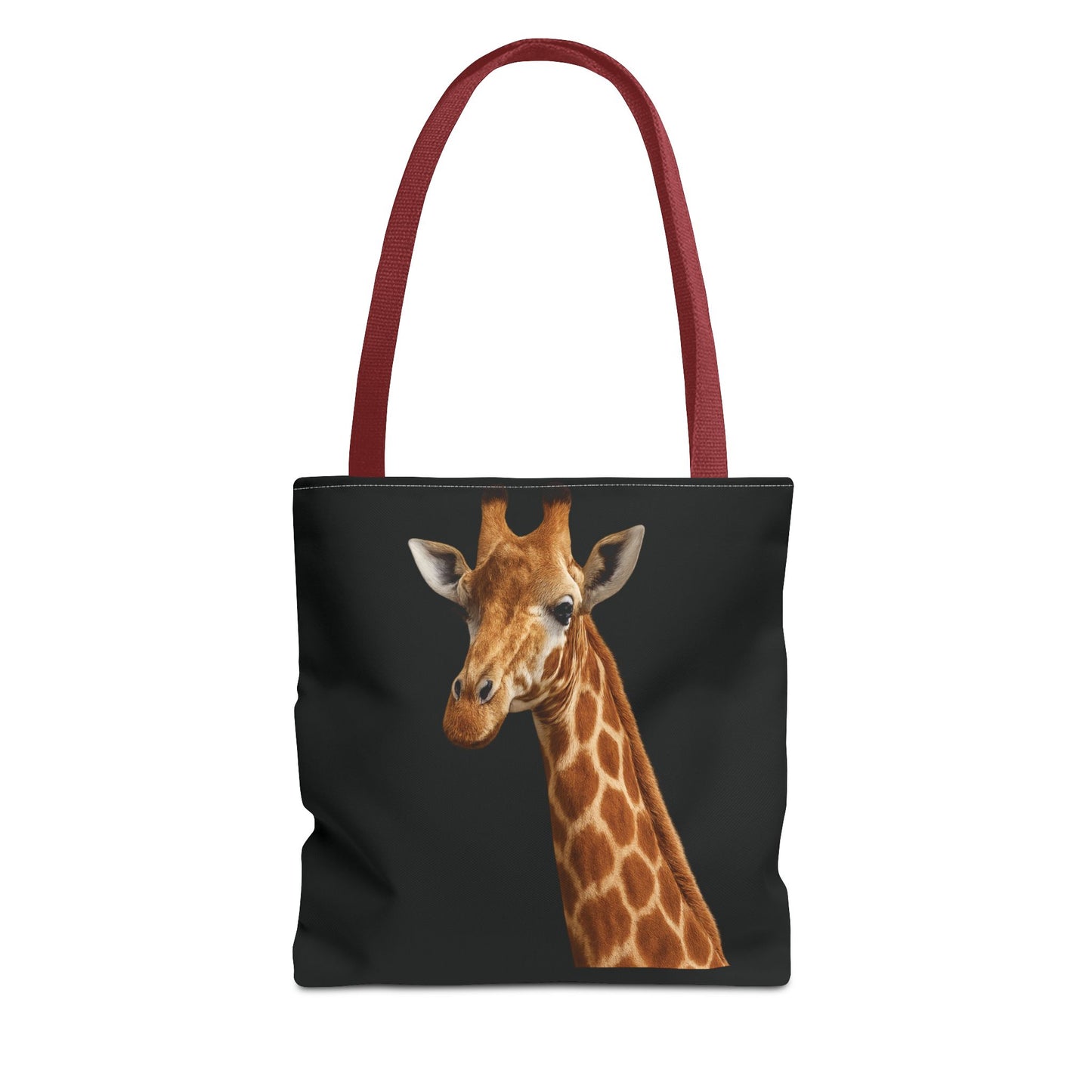 Mashafrica tote bag with realistic giraffe print on black canvas and burgundy shoulder straps