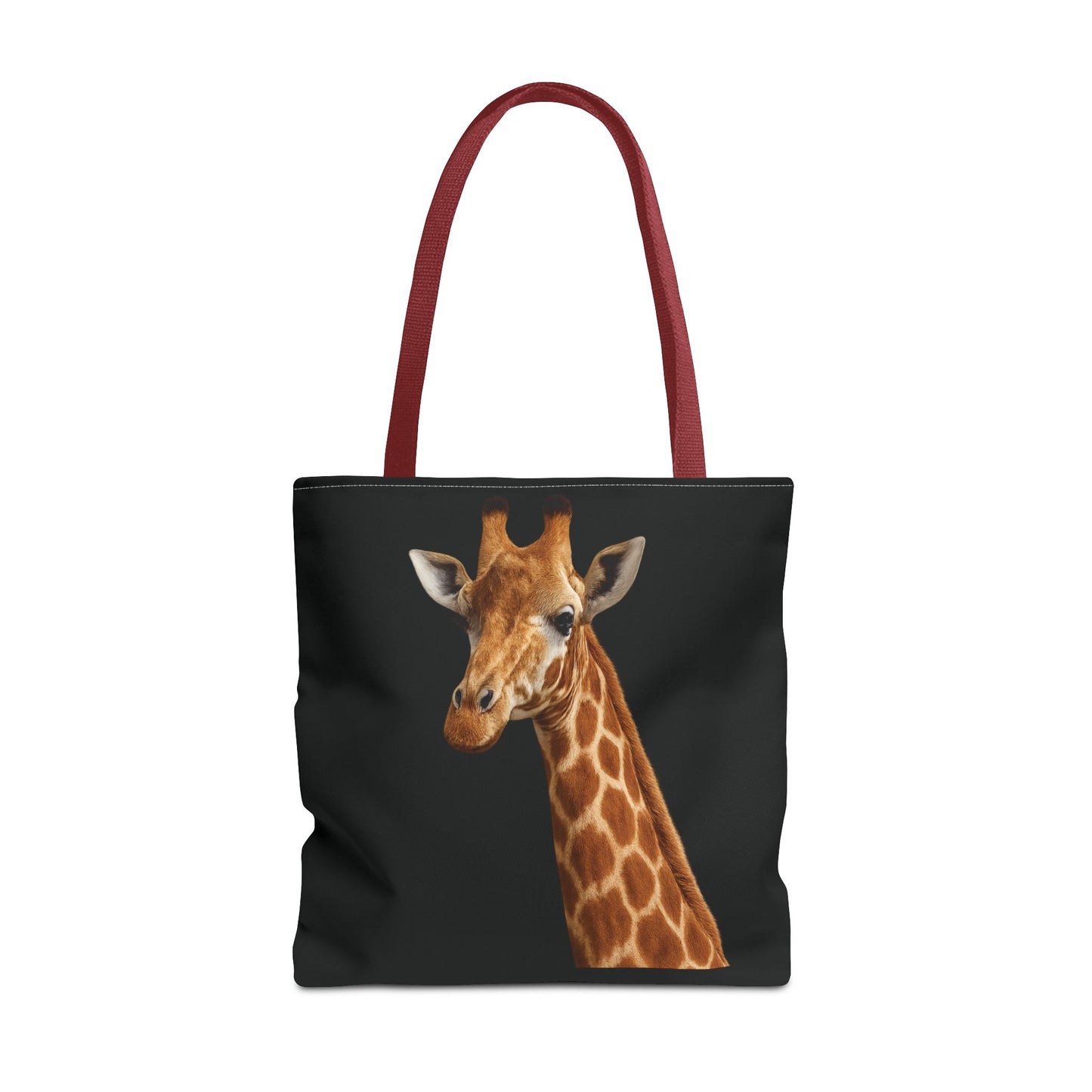 Mashafrica black tote bag with red handles featuring realistic giraffe portrait on front