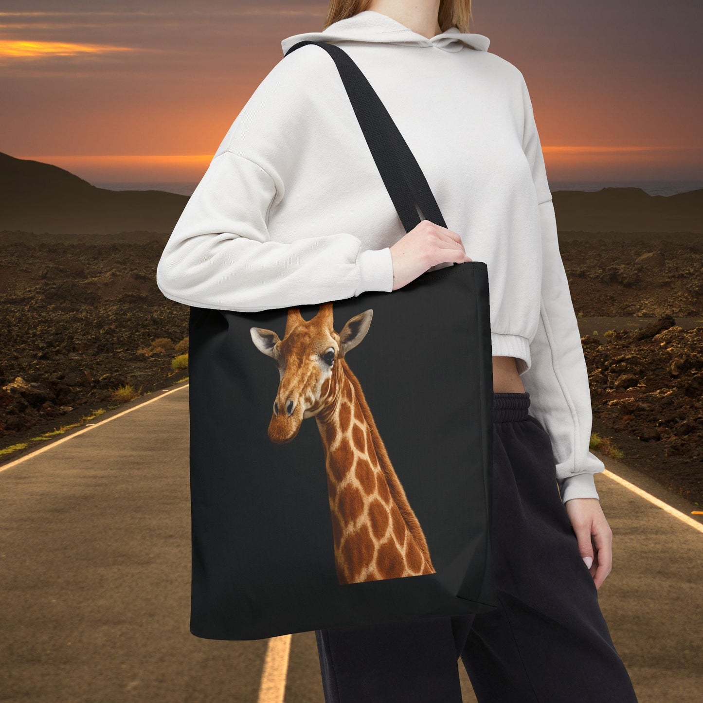 Mashafrica black canvas tote bag with realistic giraffe print on front large shoulder bag for everyday use