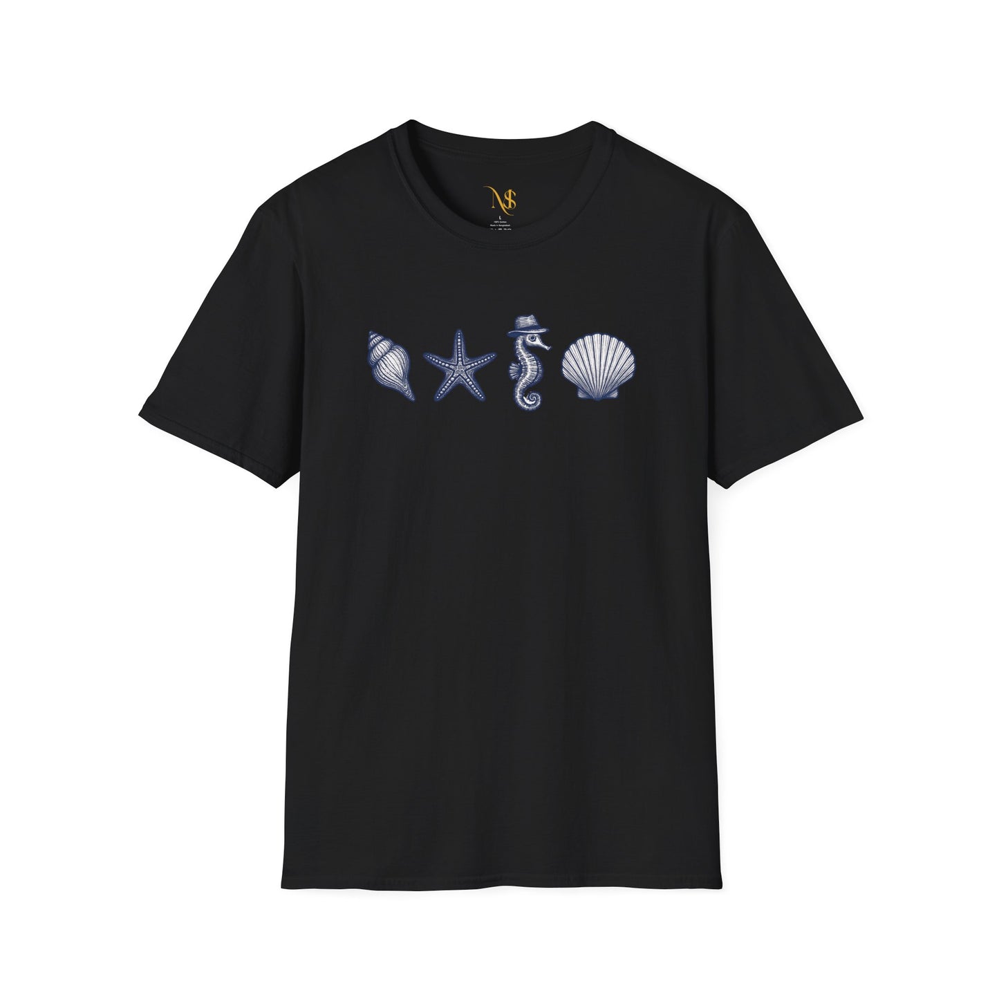 Mashafrica black T shirt with blue seashell starfish and seahorse row graphic for beach lovers
