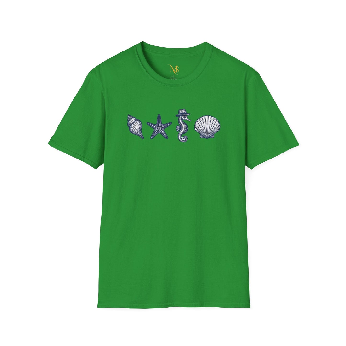 Mashafrica green T Shirt with row of blue seashell starfish and seahorse graphic ideal for beach wear