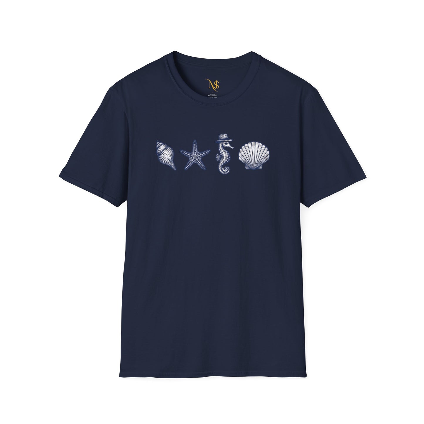 Mashafrica navy beach t shirt with white seashell starfish and seahorse chest print short sleeve cotton