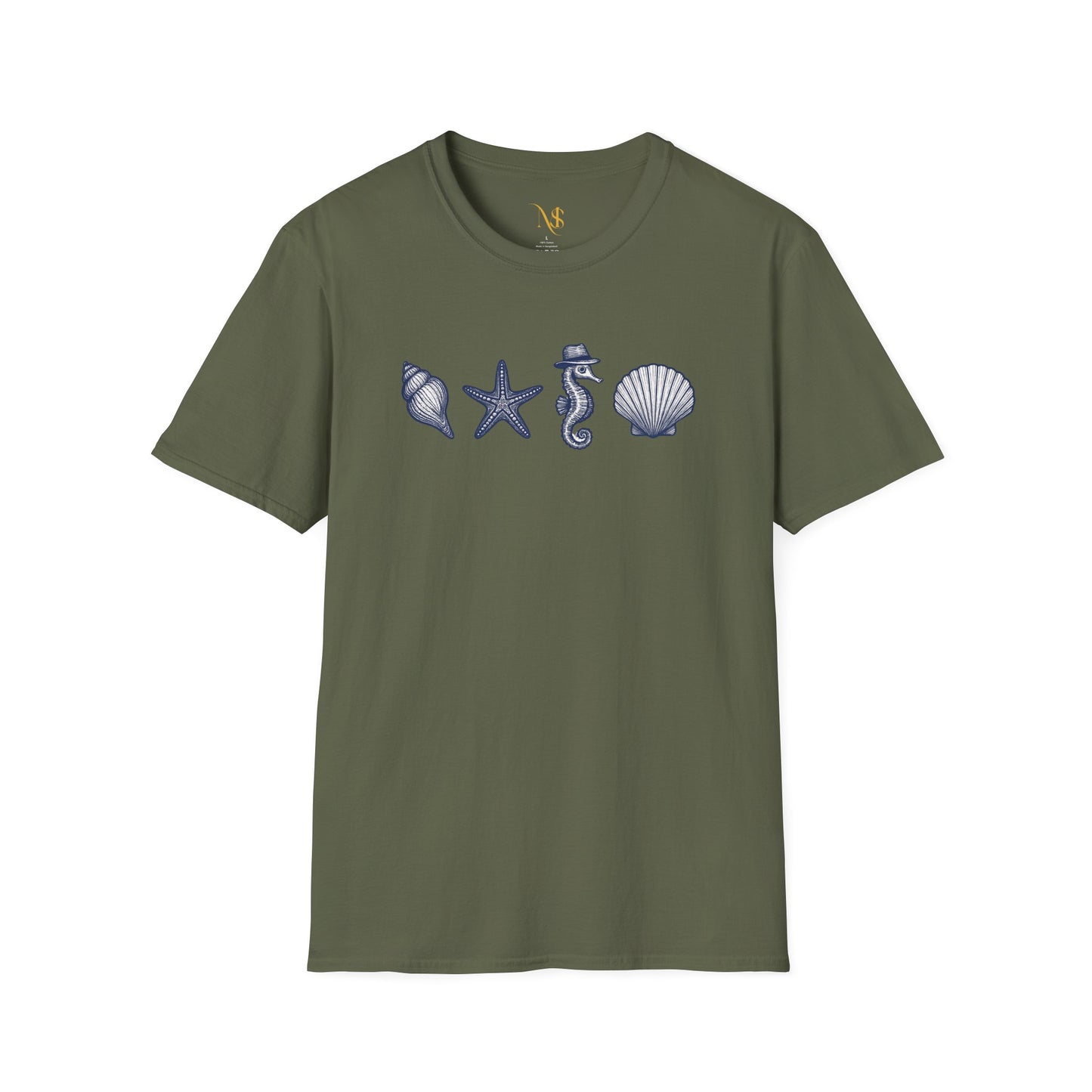 Mashafrica olive green T shirt with row of blue shells starfish and seahorse graphic for beach wear