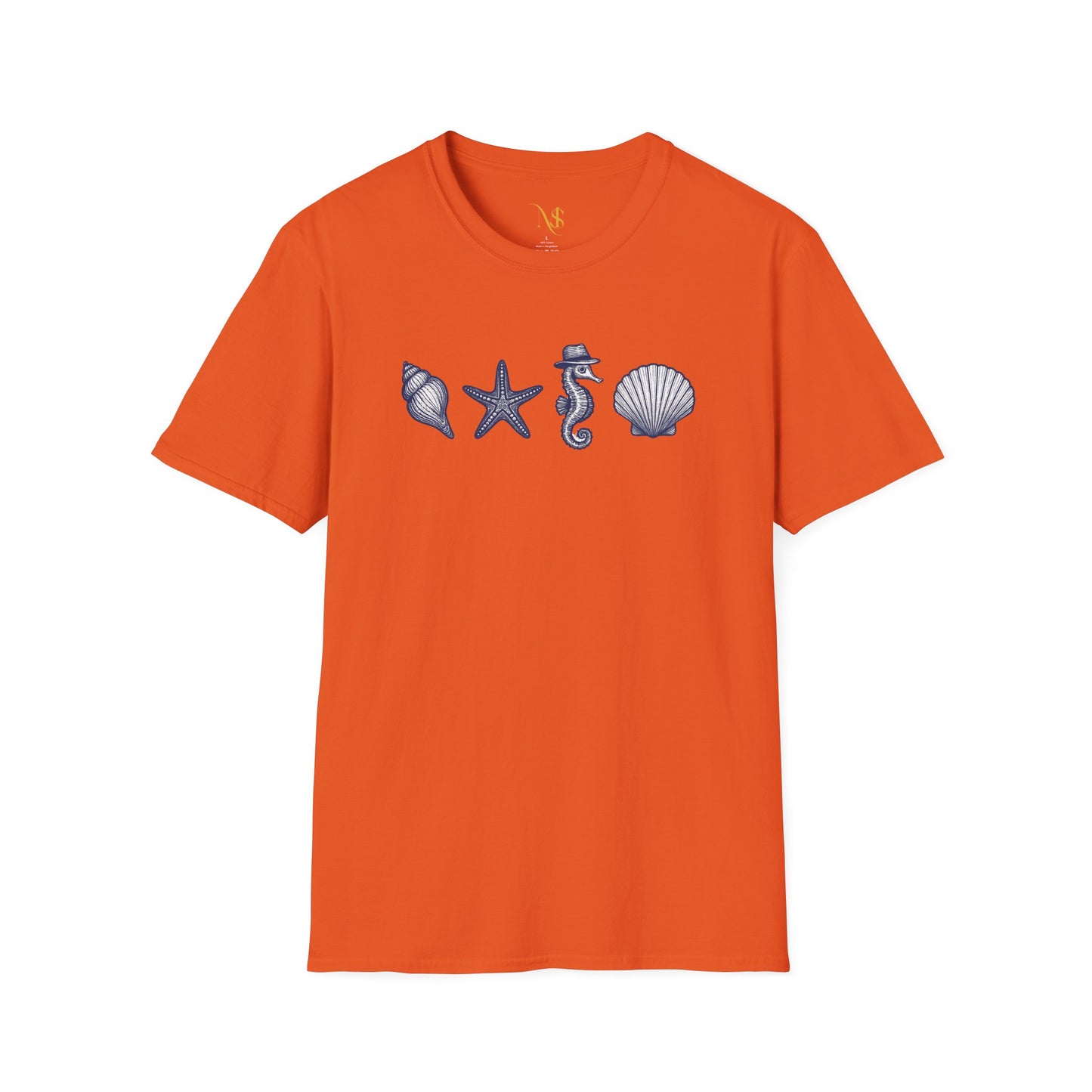 Mashafrica orange T shirt with blue seashell starfish seahorse and scallop graphics ideal for beach outings