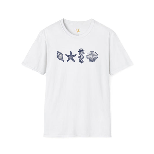 Mashafrica white crew neck T shirt with blue seashell starfish and seahorse chest print for beach wear
